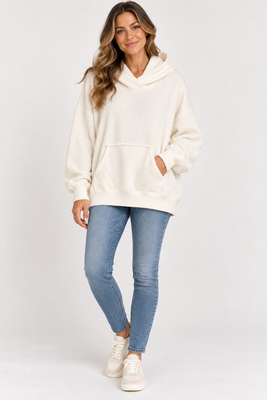 American Eagle Womens S Ivory Oversized Hooded Pullover Sweatshirt Pocket